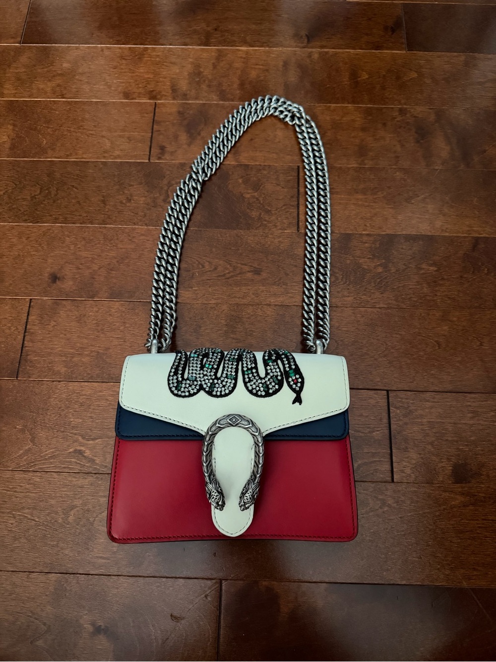 Gucci Red, White & Navy Leather Shoulder Bag with Snake Detail
